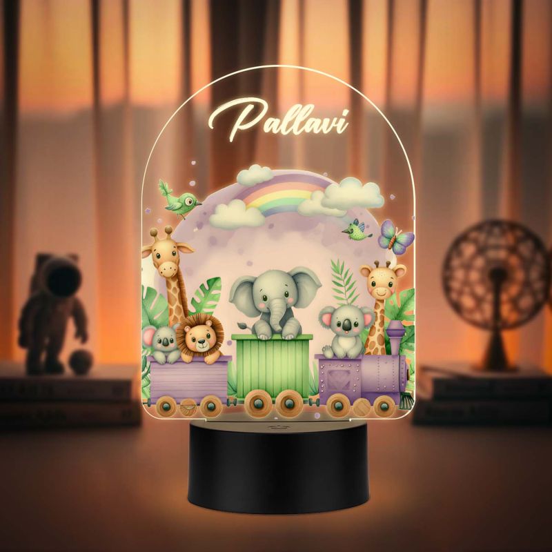 Personalized Safari Animal Train UV Print Night Light Custom Name Kids Nursery Lamp